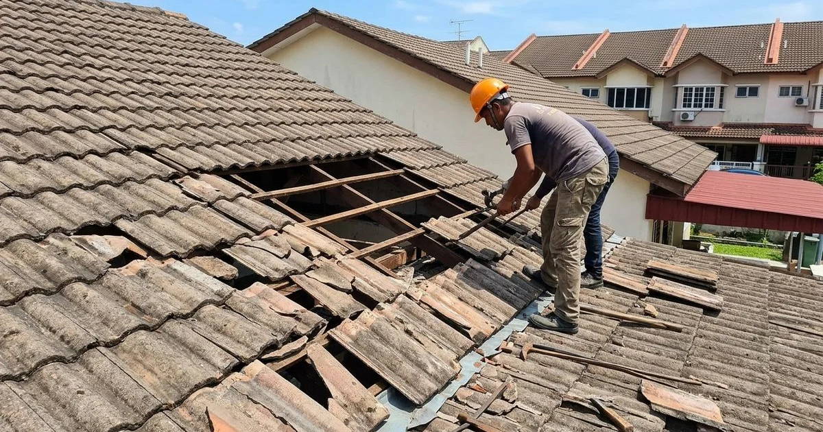 Aged deteriorating roof on a Malaysian terrace house showing multiple damaged and missing concrete tiles