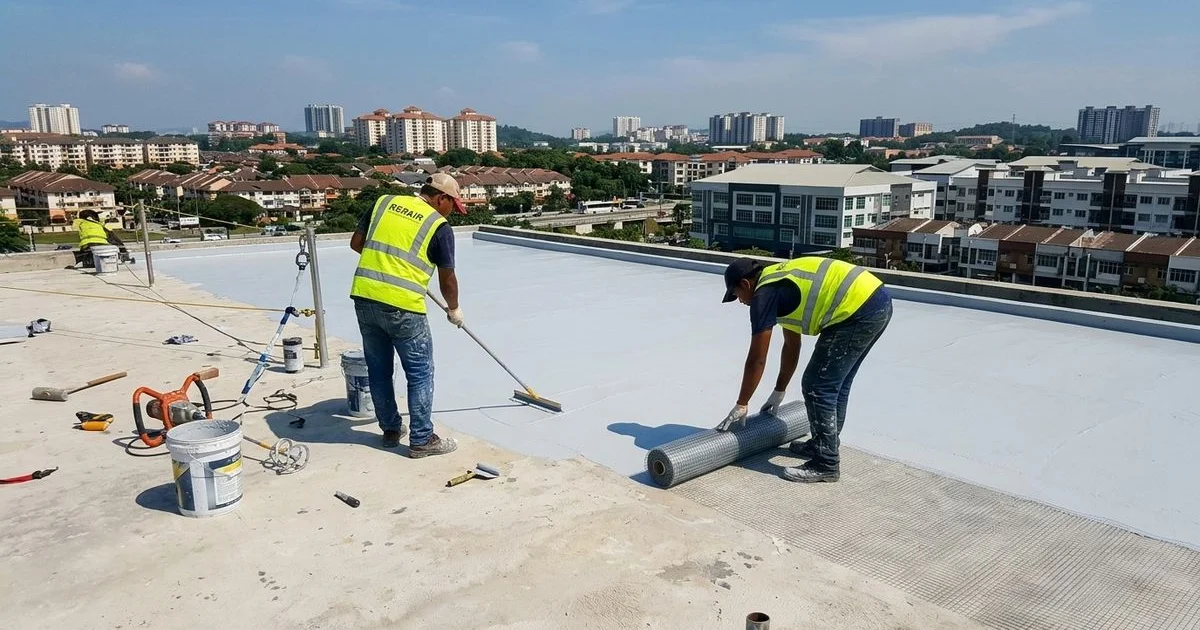 Contractor applying a waterproof membrane coating on a concrete flat roof of a Malaysian commercial building