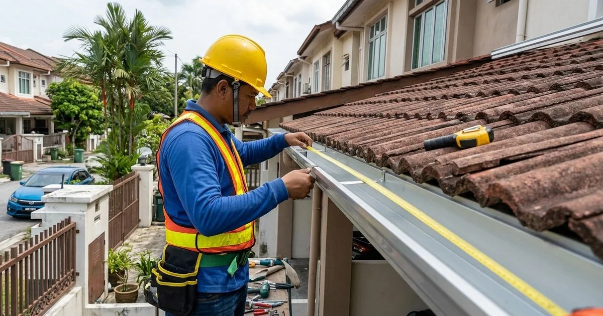 Contractor measuring and installing new rain gutters on a Klang Valley terrace house with tools visible