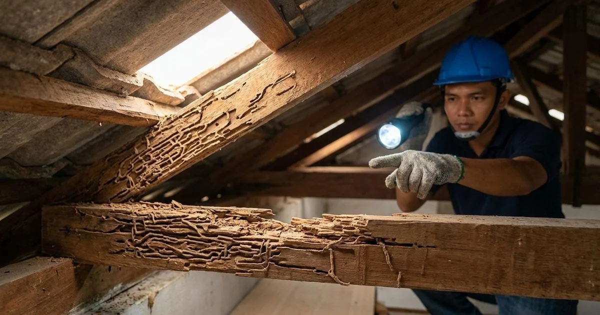 Exposed wooden roof truss inside a Malaysian home showing termite tunnelling damage and structural weakening