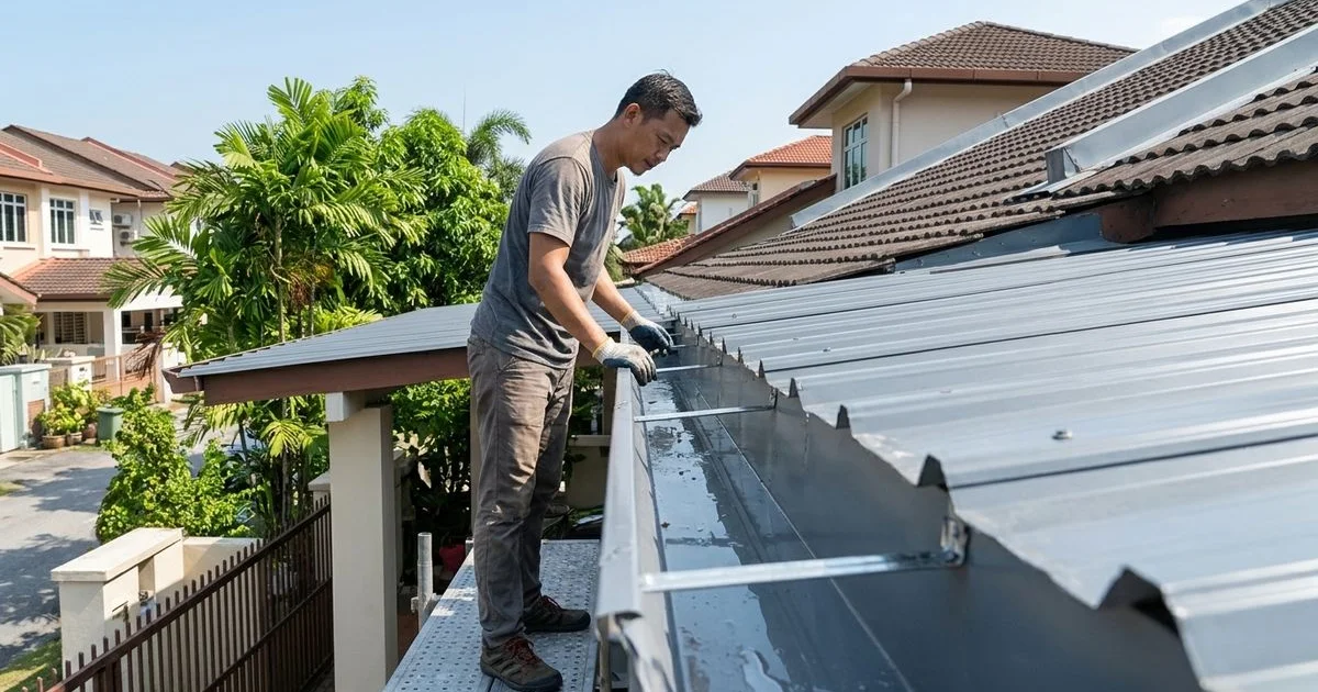 Homeowner inspecting clean rain gutters on a Malaysian terrace house roof during dry season maintenance