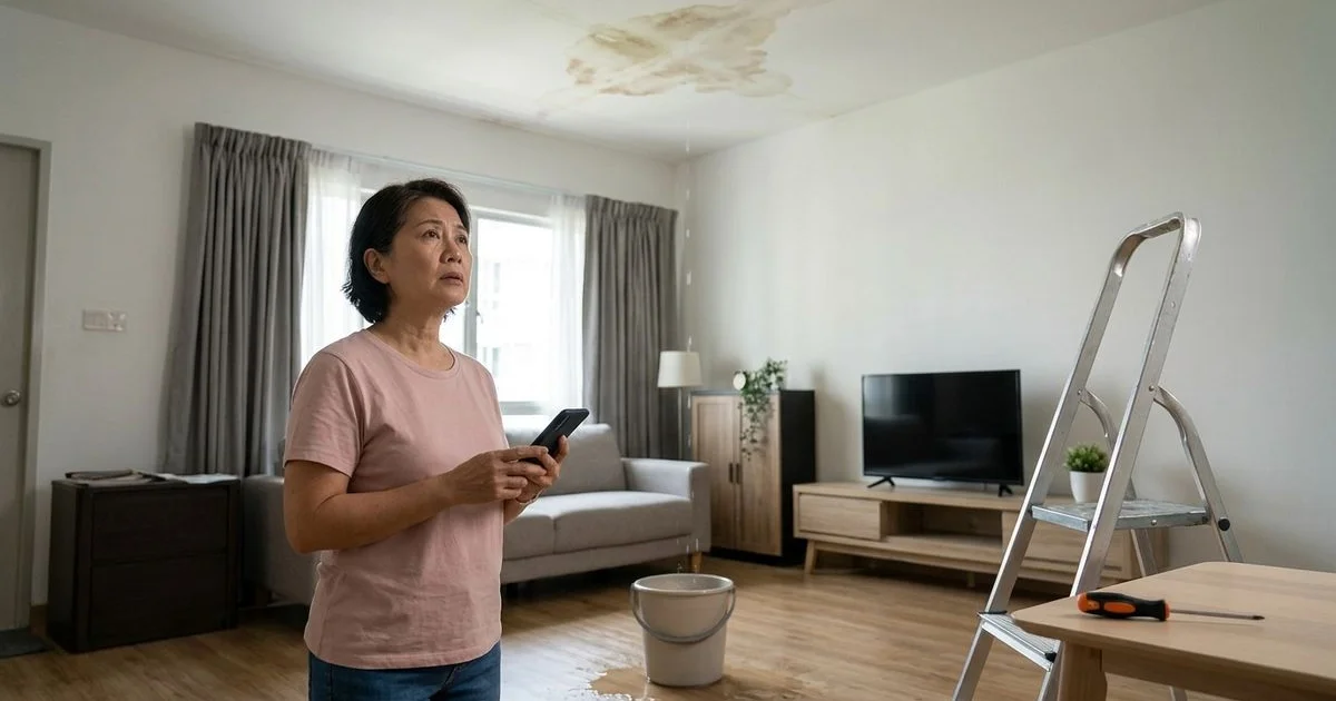 Homeowner examining a ceiling leak with a bucket catching dripping water while considering DIY repair options