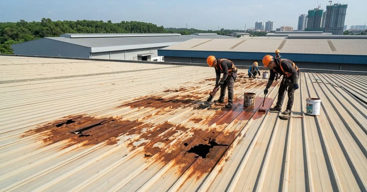 Industrial warehouse metal deck roof with visible rust corrosion patches requiring professional treatment