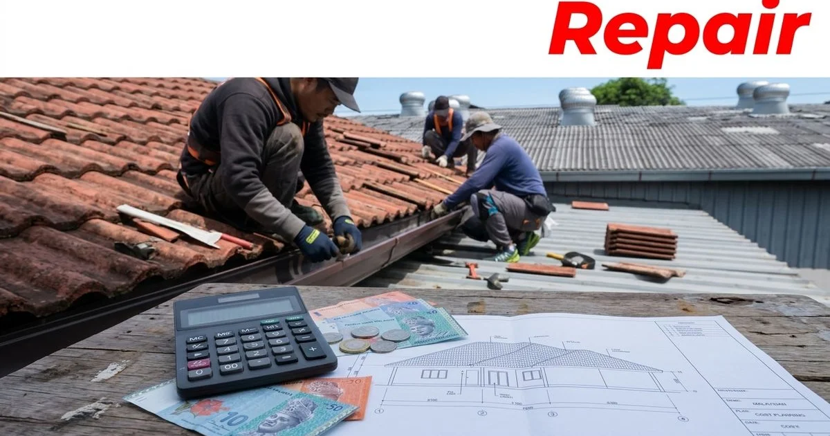 Malaysian ringgit notes alongside roofing materials and a calculator representing roof repair cost planning