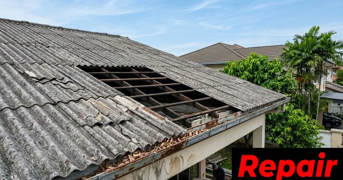 Damaged roof tiles on a Malaysian terrace house showing warning signs that need repair before monsoon season