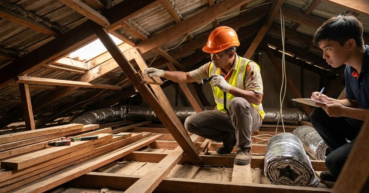 Professional roofer inspecting timber battens and truss connections inside a residential roof cavity in Malaysia