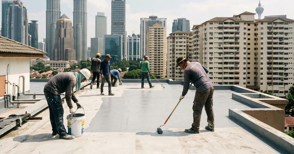 Professional waterproofing crew working on a residential flat roof with the Kuala Lumpur urban skyline in the background