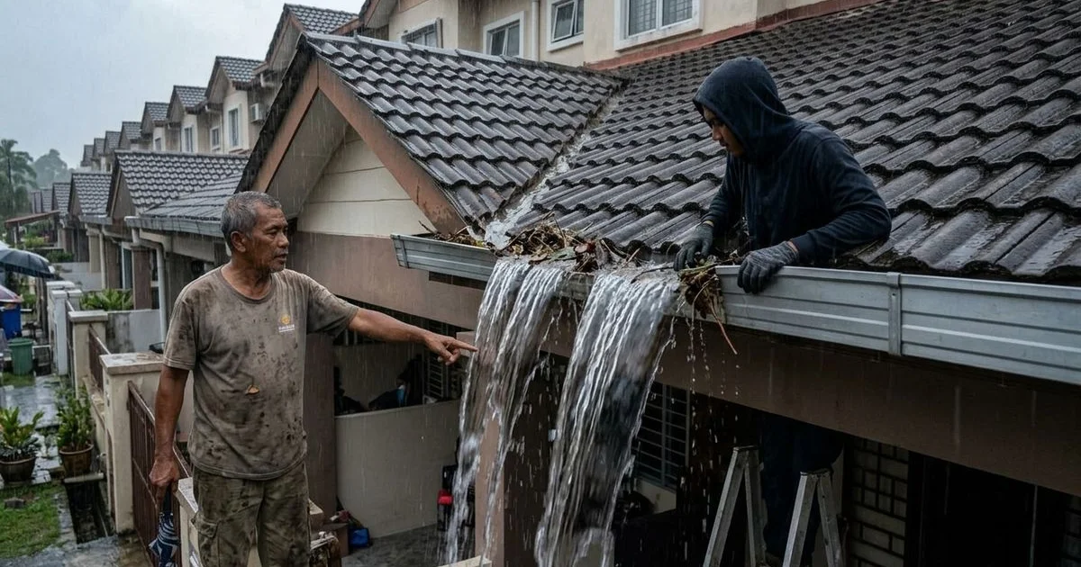 Rainwater overflowing from a clogged gutter on a Malaysian terrace house during a heavy monsoon downpour
