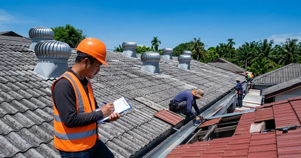 Roofing professional holding a clipboard while inspecting residential roof tiles under bright tropical sunlight in Malaysia