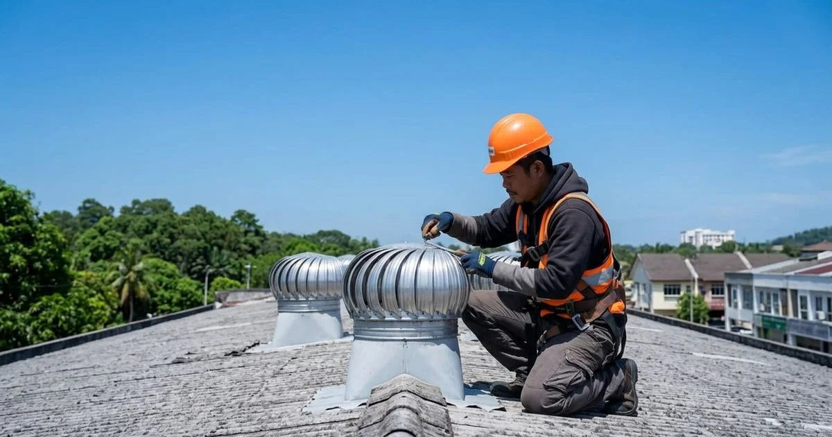 Roofing technician performing scheduled maintenance inspection on a commercial building flat roof in Malaysia
