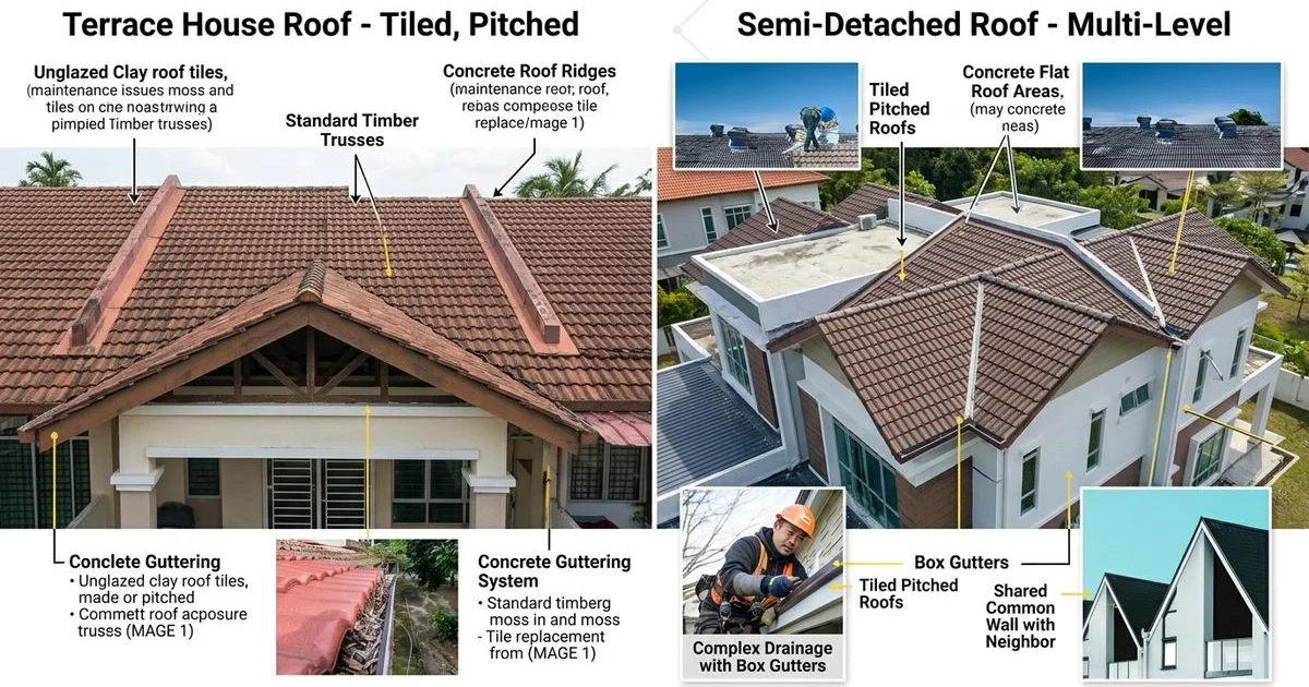 Side-by-side comparison showing the different roof structures of a Malaysian terrace house and semi-detached home