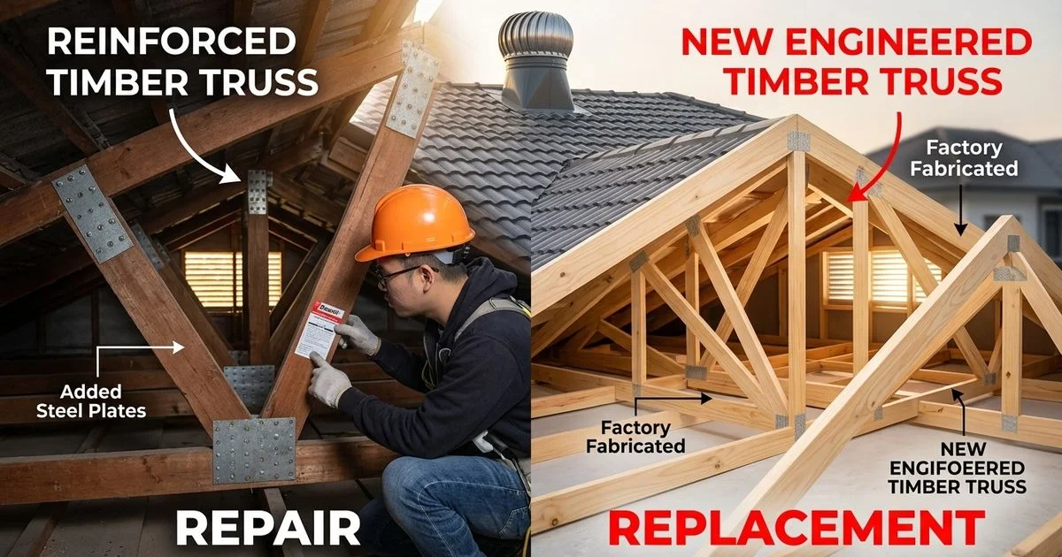 Side-by-side comparison of a repaired reinforced roof truss and a new replacement truss inside an attic space
