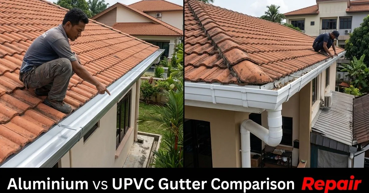 Split comparison of seamless aluminium gutter and UPVC gutter installed on Malaysian residential homes