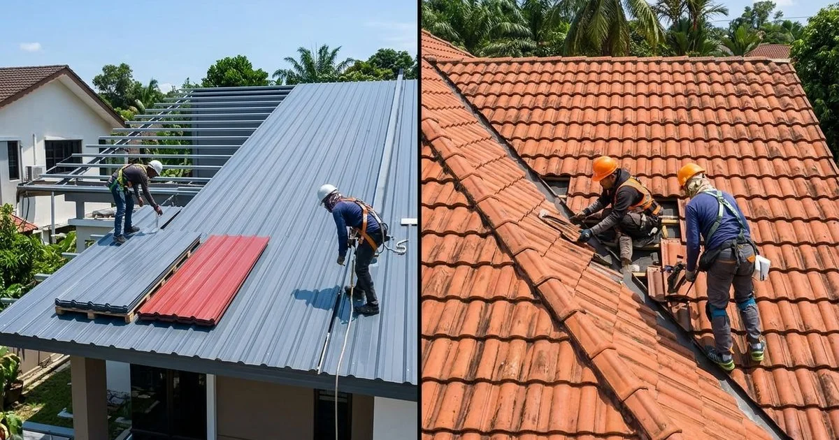 Split view comparing metal deck roofing and clay tile roofing on two Malaysian residential properties