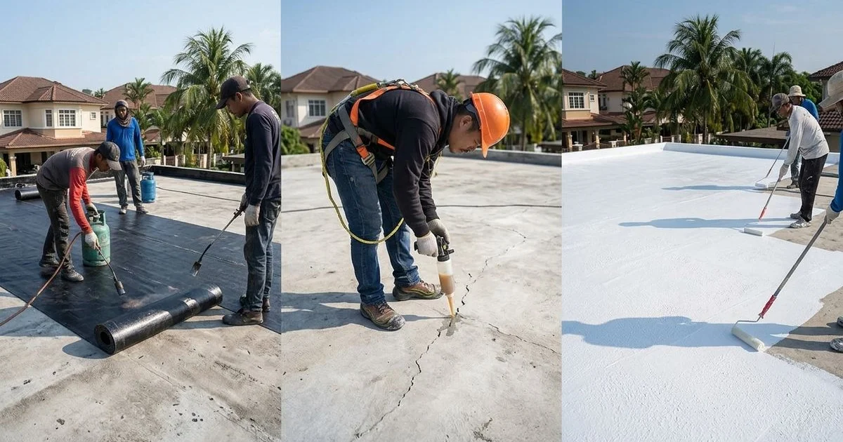 Three-panel comparison showing torch-on membrane, PU injection, and liquid coating waterproofing methods side by side