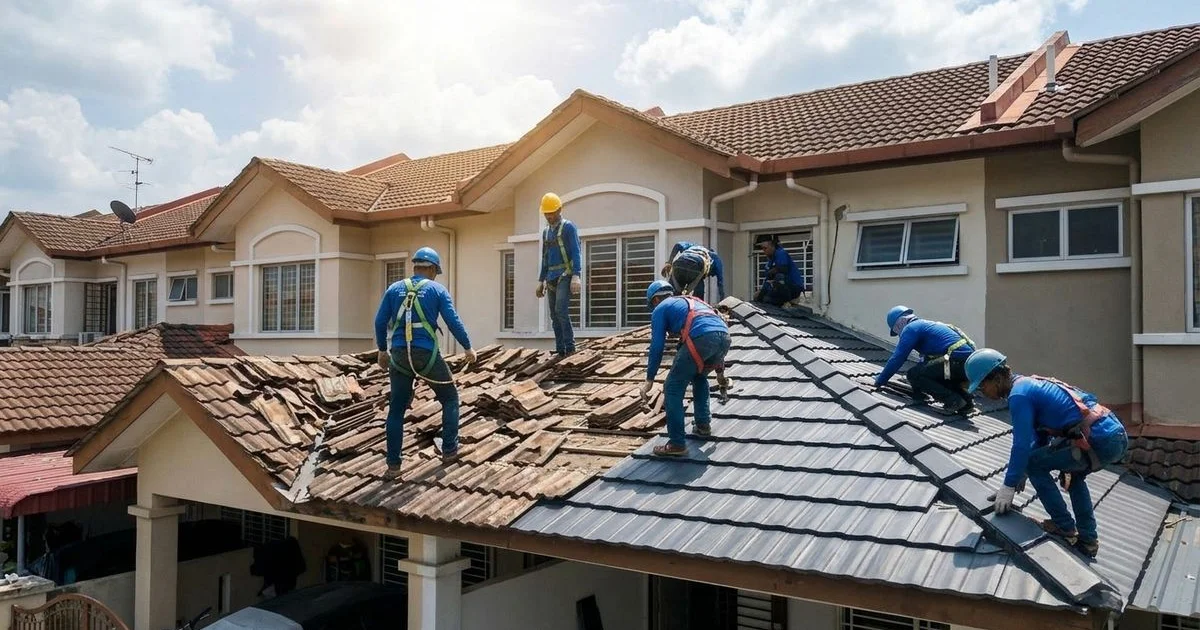 Roofing crew replacing old tiles with new roofing material on a terrace house in Kuala Lumpur