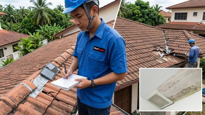 Before and after comparison showing small roof crack that escalated into major ceiling damage due to missed inspection