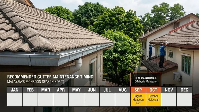 Calendar infographic showing recommended gutter maintenance timing aligned with Malaysian monsoon and dry seasons