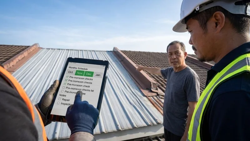 Calendar showing recommended roof inspection schedule with Malaysian monsoon season months highlighted in red