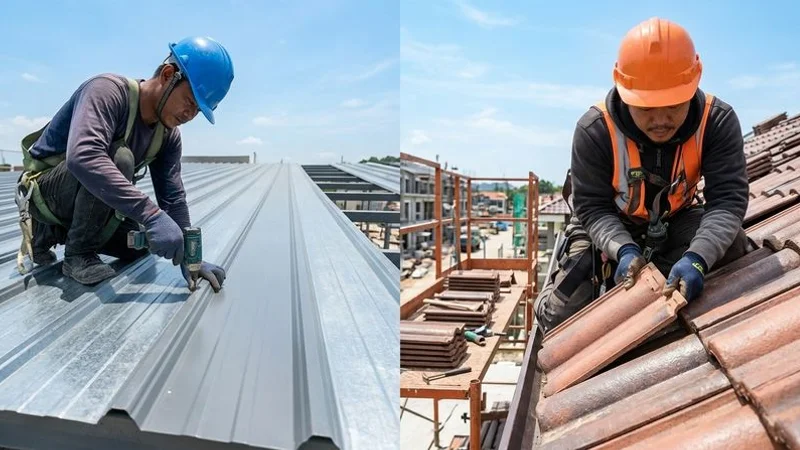 Close-up comparison of metal deck roofing profile texture and natural clay tile surface showing material characteristics