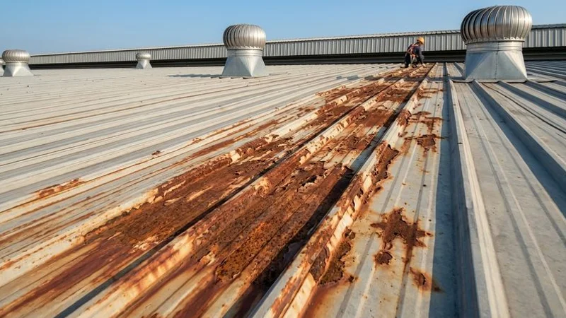 Close-up photograph of rust corrosion forming on metal deck roof panels of an industrial building showing surface deterioration