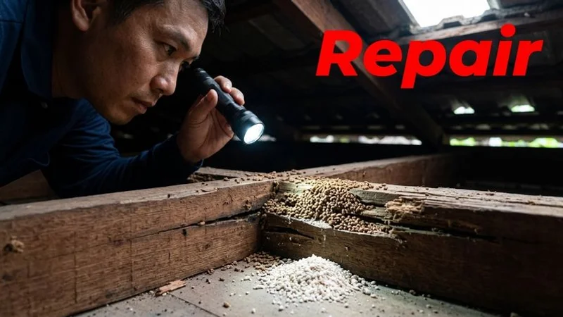 Close-up photograph of termite frass pellets and damaged timber surface inside a residential roof cavity in Malaysia