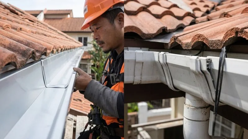 Close-up detail showing the difference between seamless aluminium gutter joint and sectional UPVC gutter joint connection