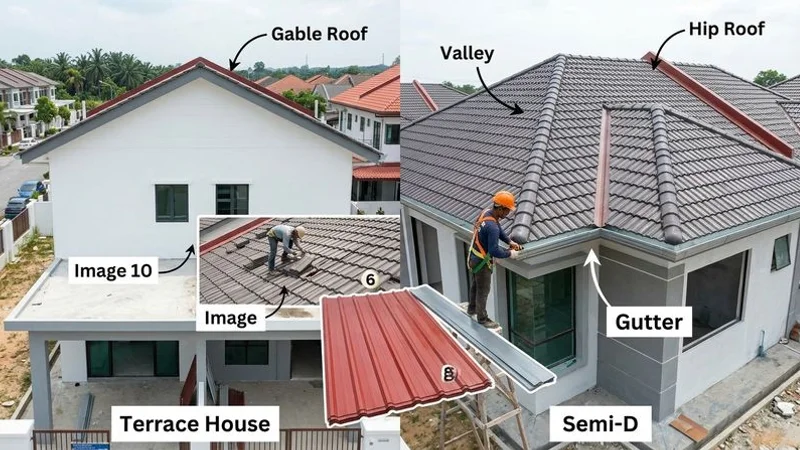 Close-up comparison of simple terrace house gable roof versus complex semi-D hip roof with multiple valleys and ridges
