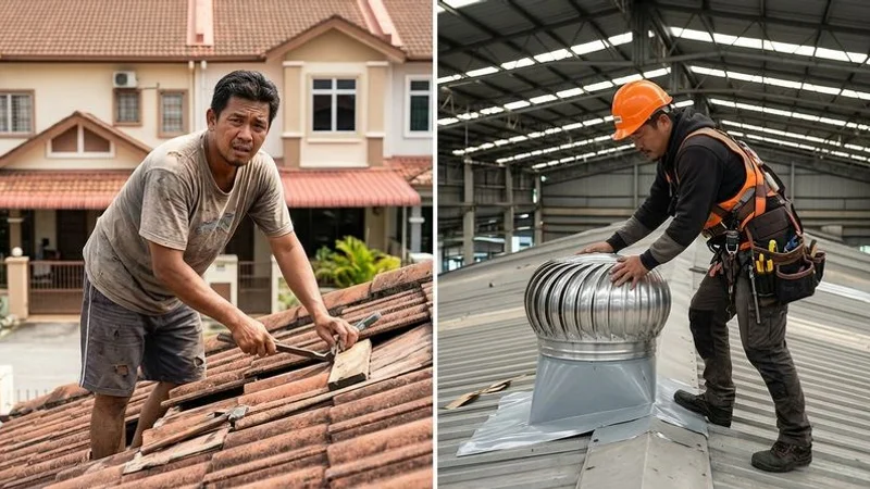 Comparison scene showing a homeowner with basic tools on one side and a professional roofer with complete equipment on the other