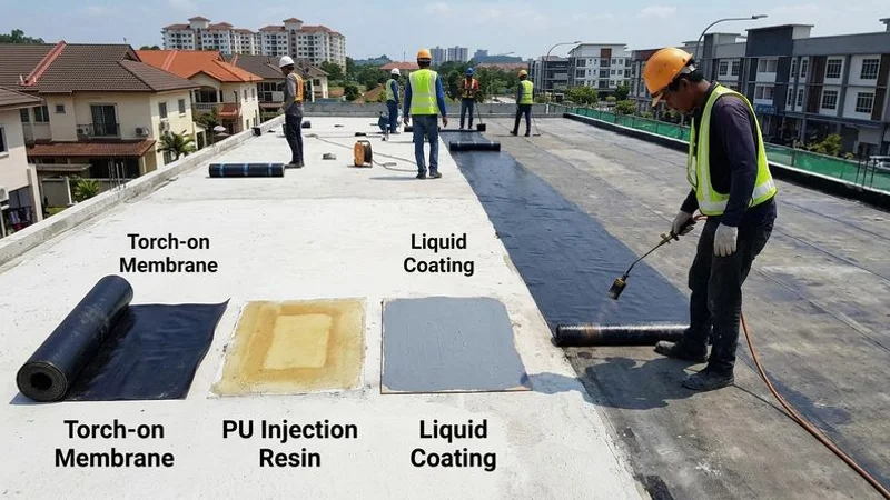 Comparison of three waterproofing material samples showing torch-on membrane sheet PU injection resin and liquid coating