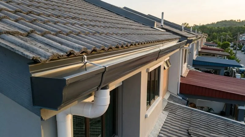 Completed gutter installation with new aluminium gutters and downpipes on a renovated double-storey terrace house in Shah Alam