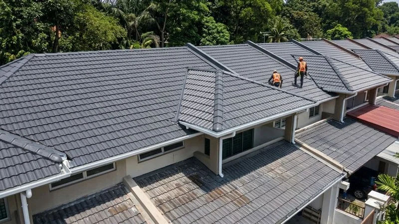 Completed new roof installation on a terrace house in a Kuala Lumpur housing estate with clean modern tile finish