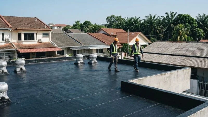 Completed professional waterproofing installation on a flat roof section of a Malaysian residential property in Kuala Lumpur