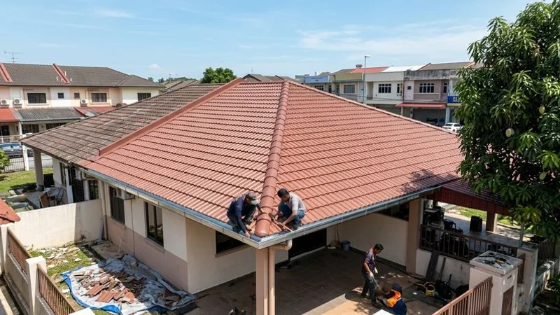 Completed roof replacement project showing beautiful new clay tile roof on a renovated Malaysian semi-detached family home