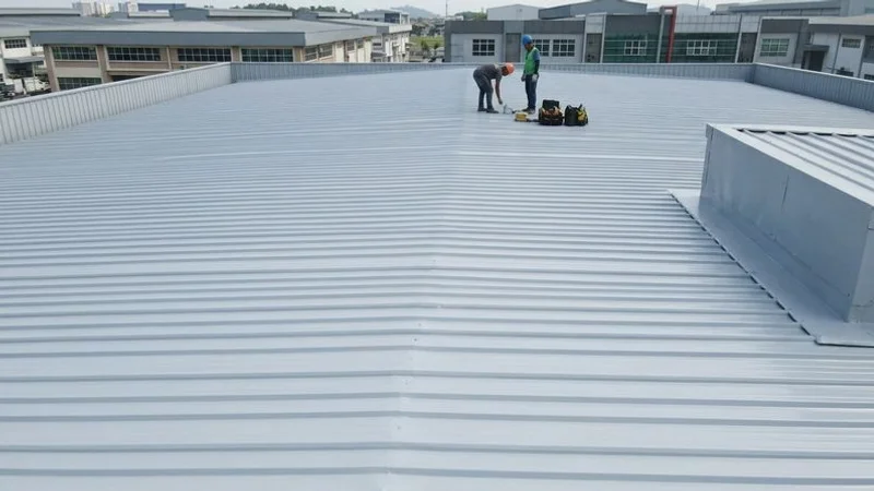 Completed rust treatment on an industrial metal deck roof showing clean restored surface with protective coating applied