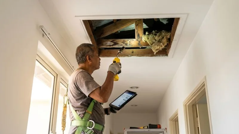 Contractor accessing a residential roof cavity through a ceiling manhole hatch carrying inspection tools and a bright torch