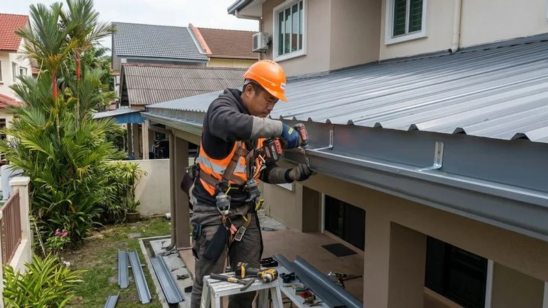 Contractor installing gutter brackets along fascia board on a semi-detached house in Petaling Jaya Klang Valley area