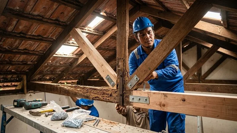 Professional roofing contractor reinforcing a termite-damaged roof truss with new timber sistering inside a Malaysian home