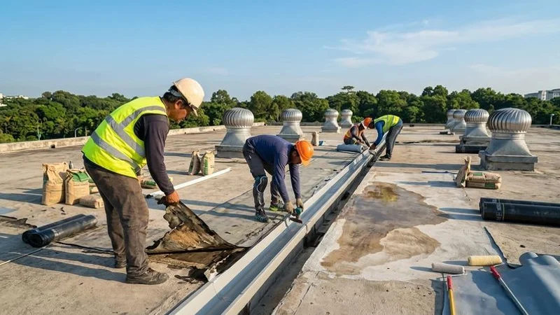 Cross-section diagram showing layers of a concrete flat roof with waterproof membrane applied over existing screed without hacking