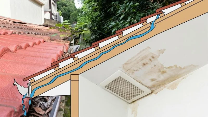 Cross-section diagram showing how water travels along roof rafters and battens before appearing as a ceiling leak
