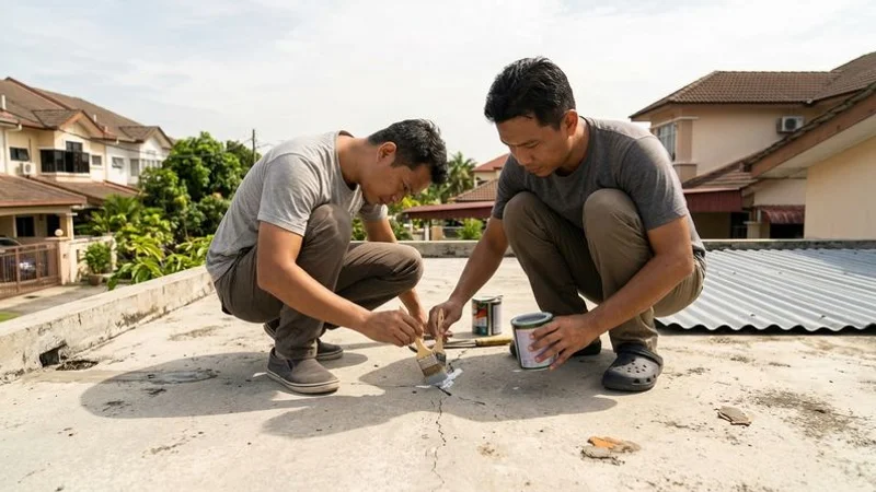 DIY homeowner applying roof sealant to a small crack on a flat concrete roof section of a Malaysian property