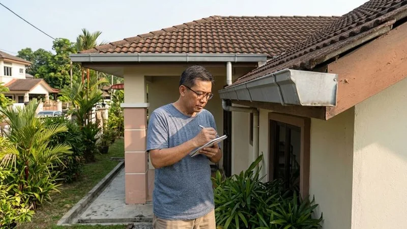 Homeowner performing a ground-level visual inspection of gutter condition on a single-storey Malaysian residential property