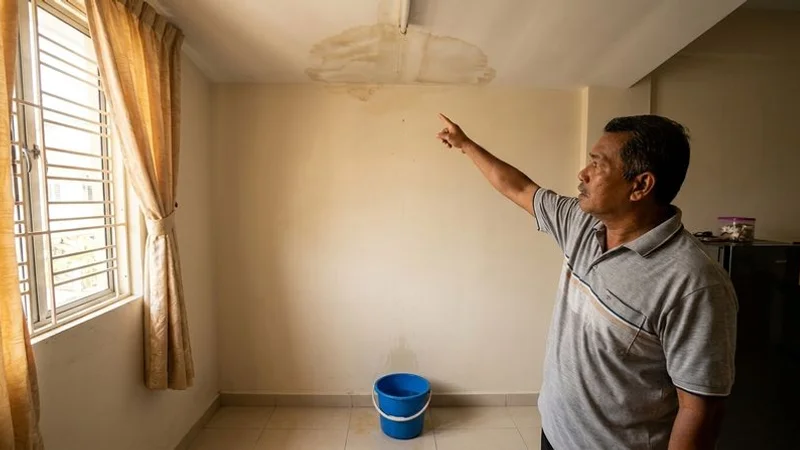Homeowner pointing at recurring water stain on ceiling with bucket below catching drips in a Malaysian home