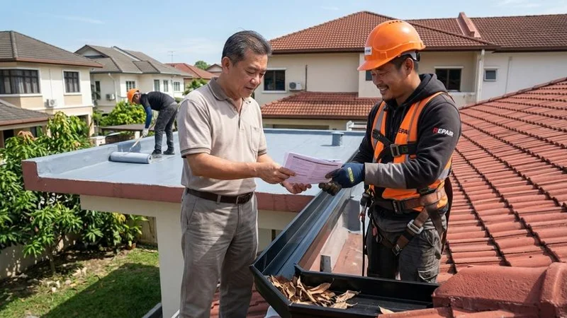Homeowner receiving warranty documentation and final inspection report from contractor after completed waterproofing project