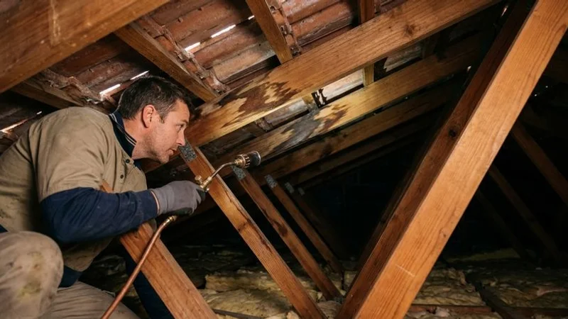 Interior roof cavity inspection showing a contractor using a torch to check timber trusses for water damage signs