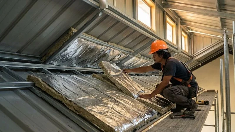 Interior view looking up at roof underside showing insulation installed beneath metal deck roofing to reduce heat and noise