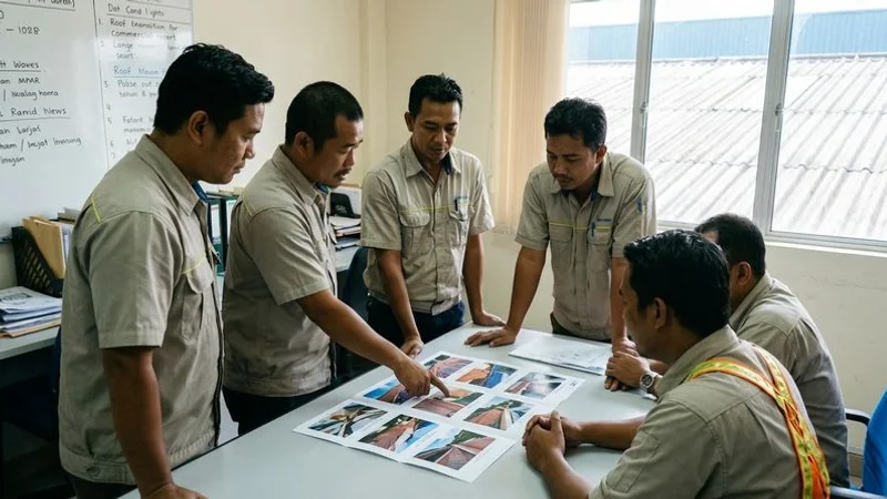 Maintenance team reviewing detailed roof condition report with photographs inside a commercial building facility office
