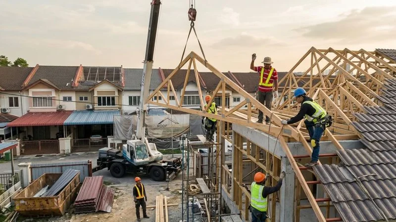 Newly installed prefabricated timber roof truss being lifted into position on a terrace house in the Klang Valley