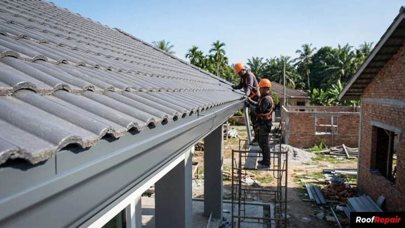 Newly installed seamless aluminium rain gutter with clean profile running along the roofline of a modern Malaysian bungalow