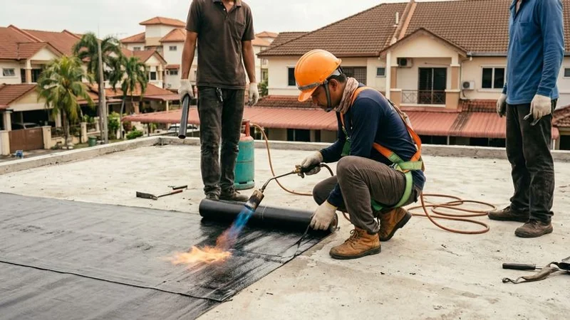 Professional contractor applying torch-on membrane waterproofing to a flat concrete roof surface with gas torch equipment